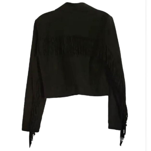 NAF NAF Paris Goat Suede Western Jacket Fringe Back & Sleeves Asymmetrical Zip - Picture 2 of 11